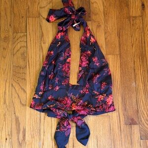 Free People Floral Tie-Back Tank Top - Navy and Pink